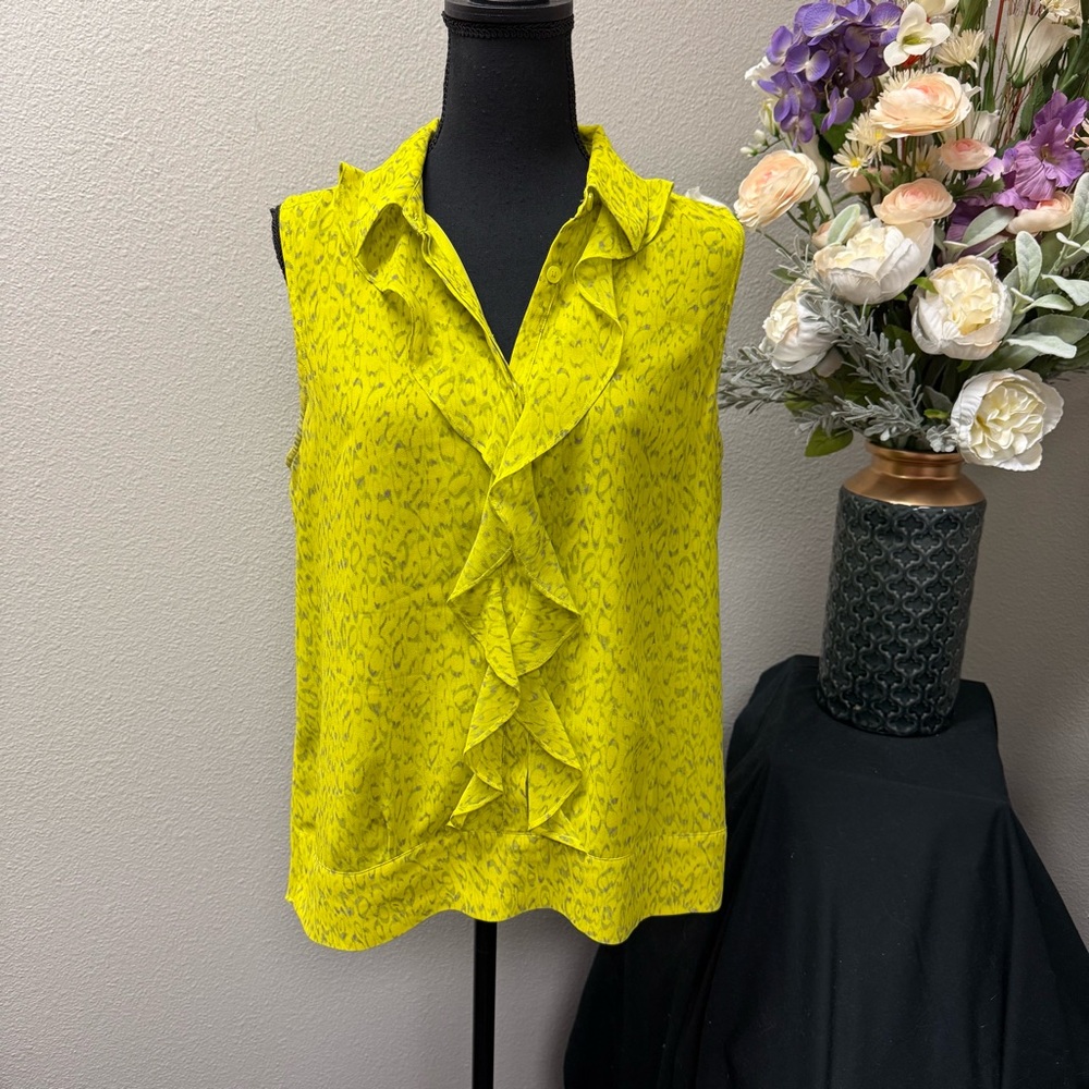 Cabi Yellow/Green Ruffle Sleeveless Blouse Medium Leopard Print Career Top